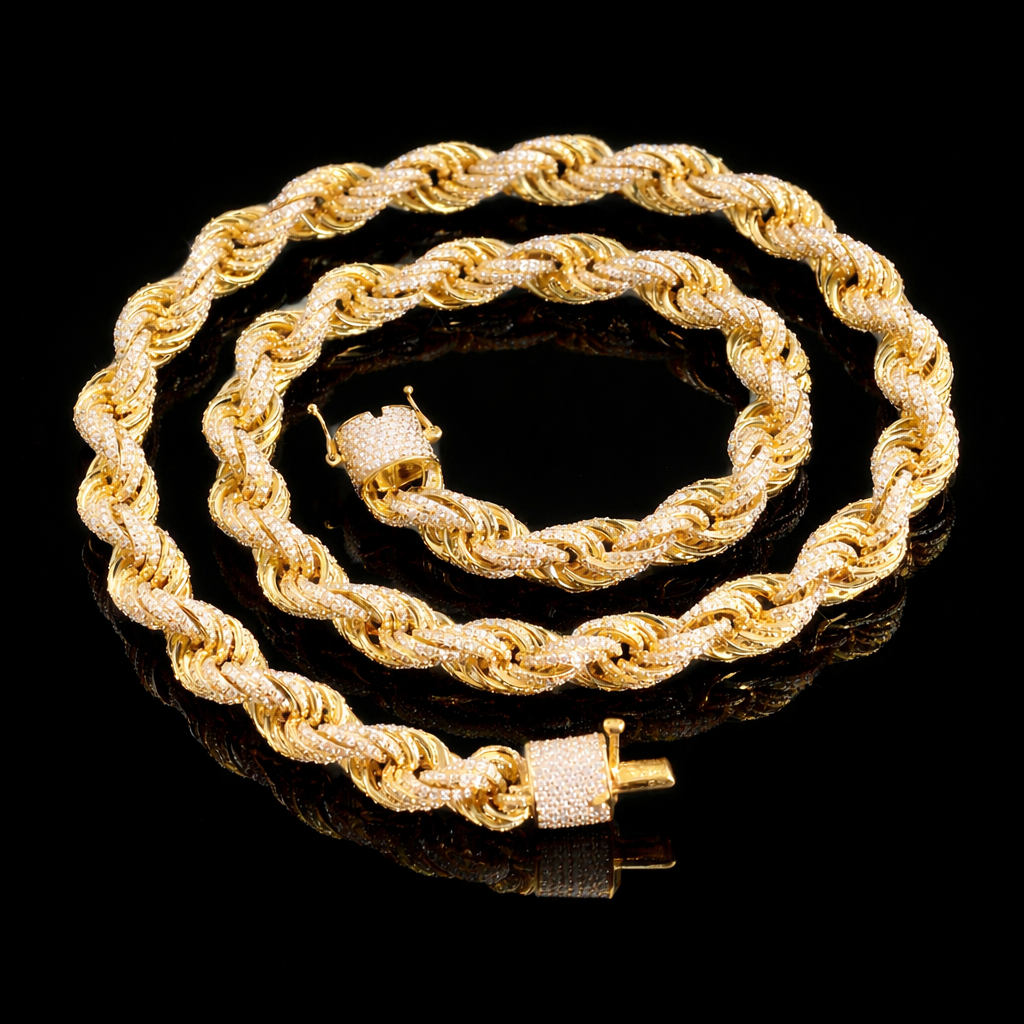 Gold rope chain necklace on a black background