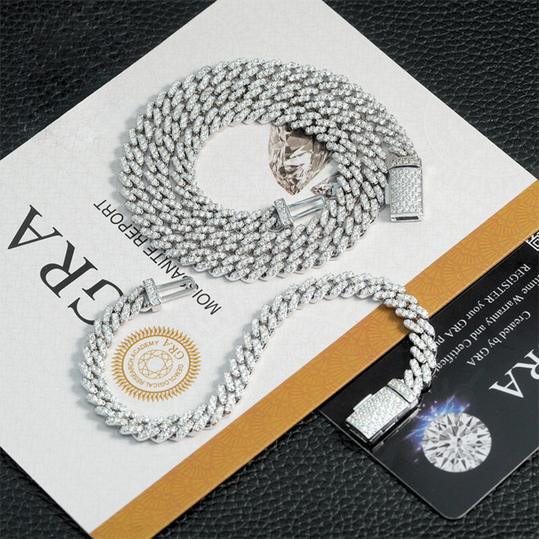 ROYAL ICE VVS1 18K White Gold Cuban necklace showcasing dazzling Moissanites on a luxurious display.