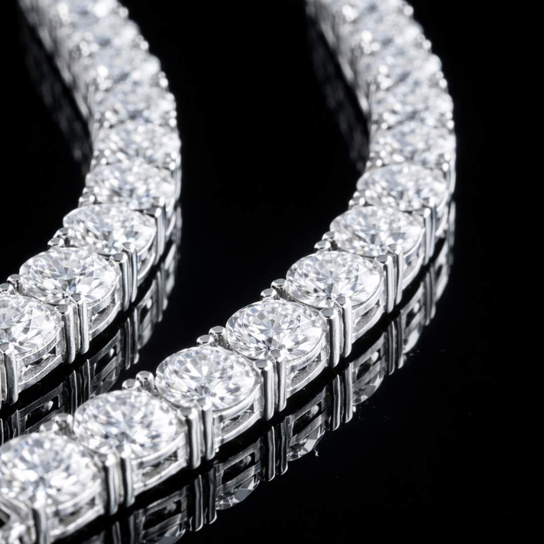 Close-up of a diamond tennis bracelet on a black background
