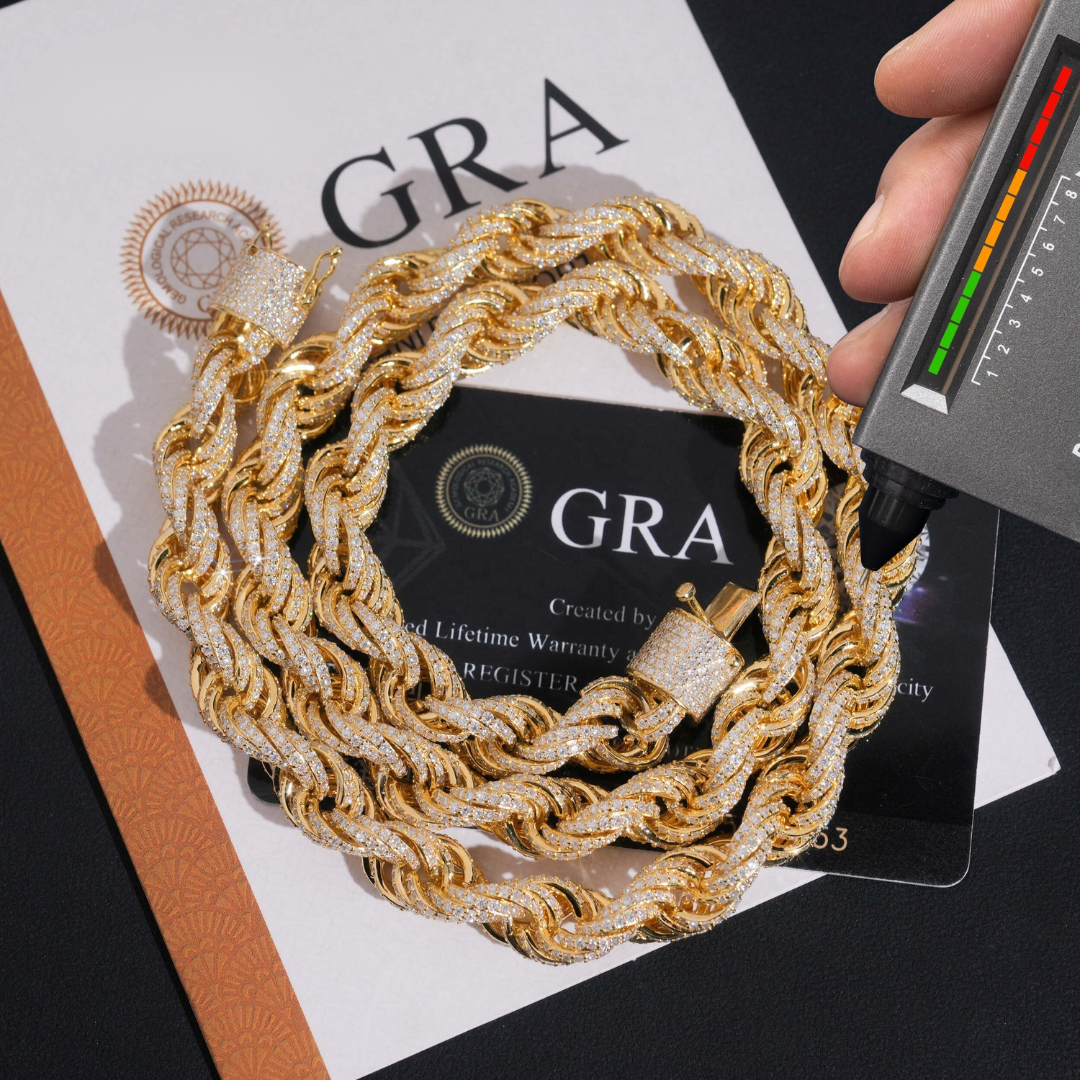 Gold chain being analyzed with a device on a GRA branded background