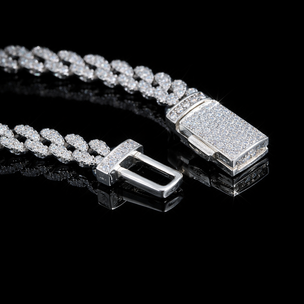 ROYAL ICE VVS1 18K White Gold Cuban featuring a sparkling design with hand-set Moissanites and secure clasp