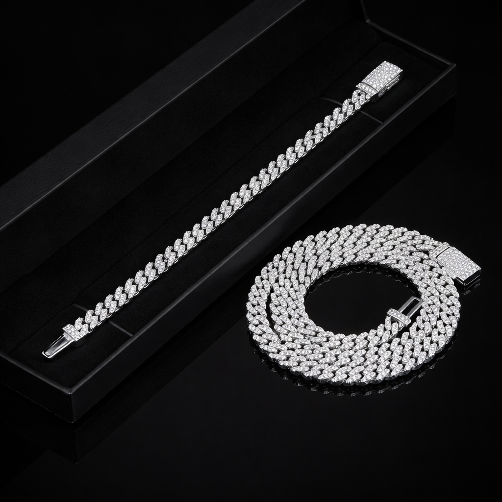 ROYAL ICE VVS1 18K White Gold Cuban bracelet set displayed elegantly in a black velvet case, showcasing its brilliance.