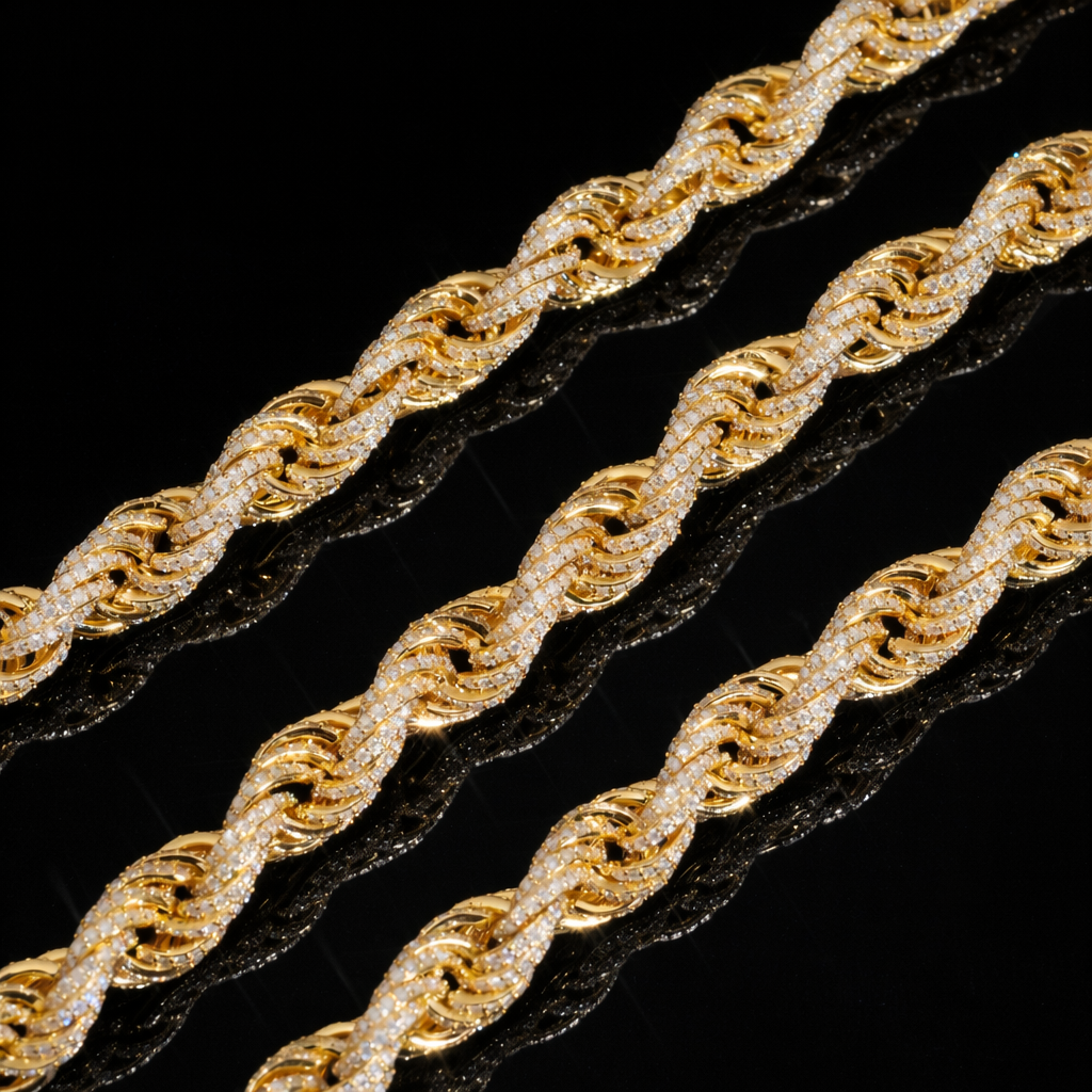 Gold and black braided chains on a black background